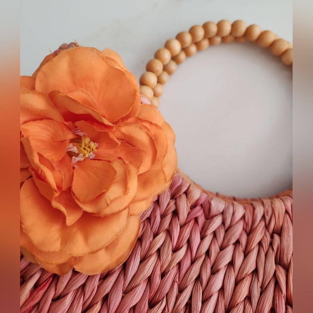 Orange Woven Summer Raffia Handbag with Gorgeous Orange Flower Accent - Picture 7 of 12